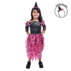 Imagem de Fantasia Halloween Bruxa Infantil de Luxo Rosa Com Chapéu - Fantasias 