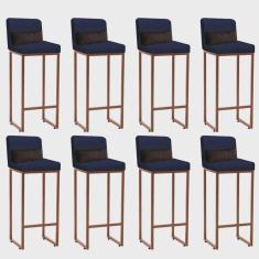 Imagem de Kit 08 Banqueta Alta com Encosto Lucca Industrial Cozinha Balcão Ferro Bronze Suede Azul Marinho e Almofada Marrom - Ahazzo Móveis