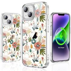 Imagem de YNSZAS Capa para iPhone 14 Plus, compatível com MagSafe, capa de telefone fofa com flores coloridas exclusivas, policarbonato rígido + TPU à prova de choque, capa protetora floral retrô feminina para