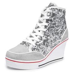 Imagem de Jiu du Tênis feminino com lantejoulas, plataforma, plataforma, plataforma, cadarço, cano alto, Lantejoulas, 4.5