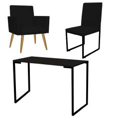 Imagem de Kit Escritório Stan Poltrona com Cadeira e Mesa Industrial Tampo Preto Corino Preto - Ahz Móveis