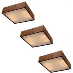Imagem de Kit 3 Plafons Lustre Madeira Quadrado 40Cm