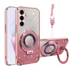 Imagem de Capa para celular Galaxy A35 5G TPU macio com revestimento luxuoso bonito brilhante transparente para mulheres à prova de choque magnético com suporte de anel [cartão de glitter e alça de pulso] Capa