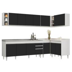 Imagem de Armário de Cozinha Modulado de Canto 7 Peças CP36 com Pia Inox Branco/Preto - Lumil