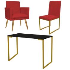 Imagem de Kit Escritório Stan Poltrona Rodapé com Cadeira e Mesa Industrial Preto Dourado Tecido Sintético Vermelho - Ahz Móveis
