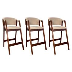 Imagem de Kit 3 Banquetas Alta para Bancada de Cozinha Ravena Madeira Maciça Castanho Linho Marrom Bege CCS