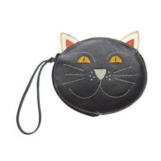 Imagem de Bolsa Carteira de Mão Clutch Gato Gatinho Porta Celular Couro Legítimo (Preta)