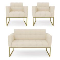 Imagem de Kit 1 Sofá Namoradeira E 2 Poltronas Elisa Linho Base Metálica Industrial Dourada Cor A19 Bege