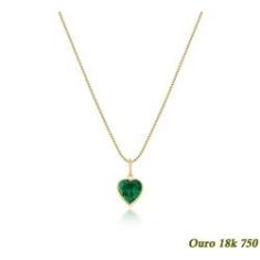 Imagem de Cordão Colar Feminino Veneziana Ouro 18k 40cm Ponto de Luz Coração Zircônia Verde Esmeralda