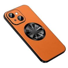 Imagem de HAO RIYLN Capa magnética para iPhone 15 Pro Max/15 Pro/15 Plus/15, visualização de logotipo, capa de couro fina para negócios com proteção de lente com tudo incluído, capa para celular, laranja, 15