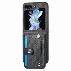 Imagem de Capa tipo carteira com porta-cartões e amp; Pulseira de pulso para samsung galaxy z flip 6 5 4 3 2 flip6 flip5 flip4 flip3 flip2 5g capa de couro pu, preta, para galaxy z flip 6