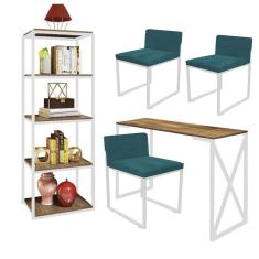 Imagem de Kit Escritório Bex 3 Cadeiras Suede Azul Turquesa com 1 Mesa e 1 Livreiro Ferro Branco MDF Freijó - Ahazzo Móveis