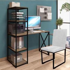 Imagem de Kit Escritório Mesa Max BeX 5 Prateleiras e Cadeira Stan Preto Tampo Rústico Sintético Branco - Ahz Móveis