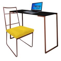 Imagem de Kit Escritório Stark Cadeira e Mesa Industrial Ferro Bronze Tampo MDF Preto Corino Amarelo - Ahz Móveis