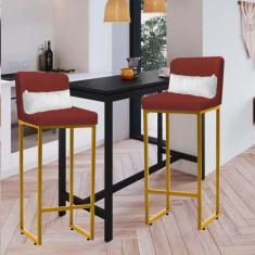 Imagem de Kit 02 Banqueta Alta com Encosto Lucca Industrial Cozinha Balcão Ferro Dourado Sintético Vermelho e Almofada Branco - Ahazzo Móveis