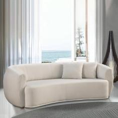 Imagem de Sofá Decorativo Sala de Estar Curvo Esther 3 Lugares 210cm com Almofadas Pés em Madeira Linho Off White G89 - Gran Belo
