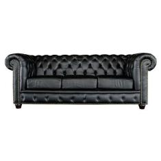 Imagem de Sofá 3 Lugares Sala de Estar 235cm Chesterfield Pés Madeira Couro Pret