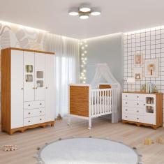 Imagem de Quarto de Bebê Completo Guarda Roupa Uli 4 Portas 3 Gavetas Berço Mini Cama Cloe 2 Em 1 Cômoda Uli 4 Gavetas 1 Porta 100%MDF Móveis Peroba