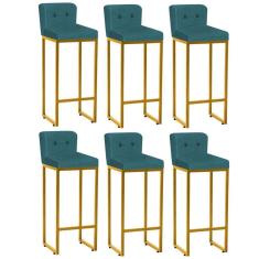 Imagem de Kit 06 Banqueta Alta Ferro Dourado Botão Azul Turquesa