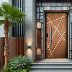 Imagem de Kit Porta de Madeira Frisada 215,5x96,5cm Batente 14cm Fechadura Digital e Puxador Rodam Natural