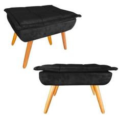 Imagem de Kit 02 Puff Banqueta Opala Suede Preto Pés Castanho Retrô para Sala Qu