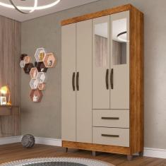 Imagem de Guarda Roupa Solteiro com Espelho 4 Portas 2 Gavetas Estrela Sallêto Móveis - Cinamomo/Off