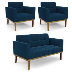 Imagem de Namoradeira 2 Poltronas Base Madeira Fixa Cast Elisa Bouclê Azul D03 - D`Rossi