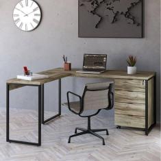 Imagem de Mesa de Escritório em L Estilo Industrial 150x150cm com Gaveteiro Volante 4 Gavetas Carvalho