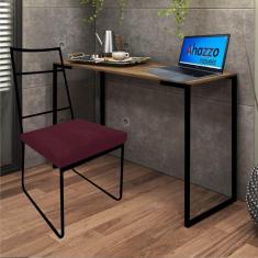 Imagem de Kit Escritório Stark Cadeira e Mesa Industrial Ferro Preto Tampo MDF Imbuia Suede Bordô - Ahz Móveis