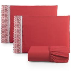 Imagem de Jogo Lençol King Suave Barrado Lese 3 Peças Barato Vermelho - Casa Sho