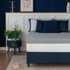 Imagem de cama box queen com baú azul com colchão guldi dream mola ensacada (30x158x198) e 2 travesseiros guldi dream branco e azul