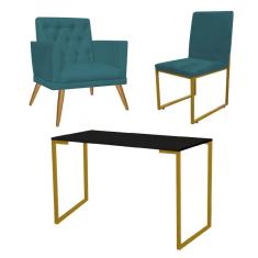 Imagem de Kit Escritório Stan Poltrona Maria com Cadeira e Mesa Industrial Preto Dourado Suede Azul Turquesa - Ahz Móveis