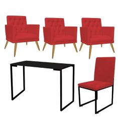 Imagem de Kit Escritório Stan 3 Poltronas Maria com Cadeira e Mesa Industrial Tampo Preto Corino Vermelho - Ahz Móveis