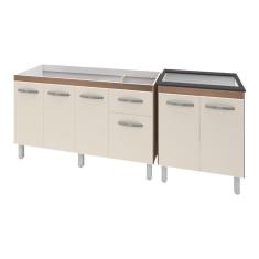 Imagem de Armário Cozinha Gabinete Pia De 140 Cm Camile Com Balcão Cooktop 5 Bocas Savana Frente OffWhite Jade