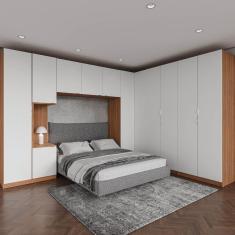 Imagem de Guarda Roupa Modulado de Canto 12 Portas 6 Peças 1 Mesa de Cabeceira Hera CabeCasa MadeiraMadeira Branco Geada/Louro