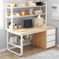 Imagem de Mesa de computador com armário e estante de livros, mesa de escritório em casa com 3 gavetas, mesa de trabalho industrial, estação de trabalho para casa e escritório (47 polegadas, branca), carvalho,