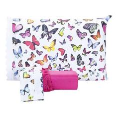 Imagem de Jogo De Lençol Estampado Casal Queen 03 Peças Borboletas Pink Microper