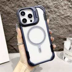 Imagem de Suporte de câmera capa transparente acrílica magnética para iPhone 15 13 Pro Max 14 Plus capa de telefone transparente em cor contrastante, azul marinho, para iPhone 15 ProMax