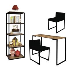 Imagem de Kit Escritório Ravi 2 Cadeiras Suede Preto com 1 Mesa e 1 Livreiro Ferro Preto MDF Caramelo - Ahazzo Móveis