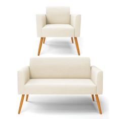 Imagem de Sofá Namoradeira com Poltrona Pés Palito Castanho Marisa Veludo Bege D03 - D'Rossi