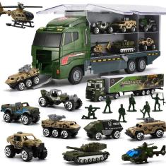 Imagem de Caminhão transportador de brinquedos BYONEBYE, 26 unidades com conjunto de soldados masculinos ou mais de 3 anos