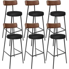 Imagem de Kit 06 Banquetas Alta Bar Cozinha Sala De Jantar Milão L02 Couríssimo Marrom Preto - Lyam Decor