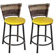Imagem de Kit 2 Banquetas Baixa Preta Junco Capuccino com Assento Amarelo Fortmi
