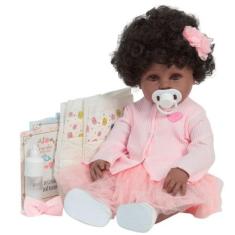 Imagem de Boneca Reborn Realista Negra 46cm Com Lindo Vestido Rosa - Cegonha Reb