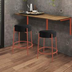 Imagem de Kit Mesa Suspensa de Parede Fixa MDF Castanho + 2 Banquetas Sintra Ferro Cobre Sintético Preto - Ahazzo Móveis