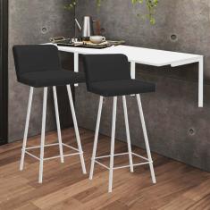 Imagem de Kit Mesa Suspensa de Parede Fixa MDF Branco + 2 Banquetas Lexi Ferro Branco Sintético Preto - Ahazzo Móveis