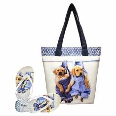 Imagem de Bolsa Com Chinelo Feminino Cachorrinhos Jeans Magicc Bolsa
