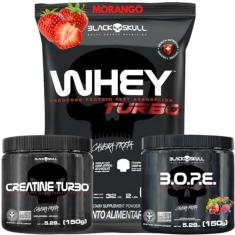 Imagem de Whey Protein Concentrado + Creatina Monohidratada 150g + Pré-Treino B.O.P.E 150g - Kit Black Skull Para Ganho de Massa e Força (Whey Turbo Morango - B.O.P.E Frutas Vermelhas)
