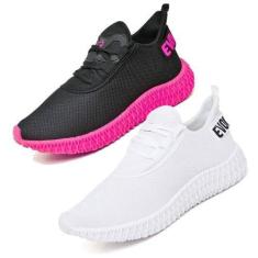 Imagem de 2 Tênis Feminino Caminhada Colmeia Confortavel Exclusivo Branco/Rosa -