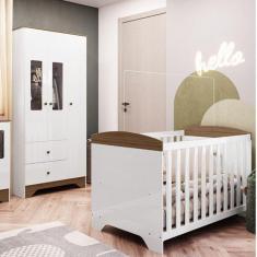 Imagem de Quarto de Bebê Guarda Roupa com Janelas Retângulo e Berço Americano 100% MDF 100% MDF Ayla Branco Brilho/Carvalho